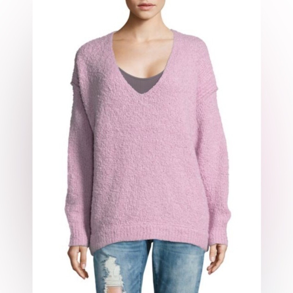 Free People Lofty V Neck Sweater Oversized Alpaca Blend Lilac Pink Purple Fuzzy